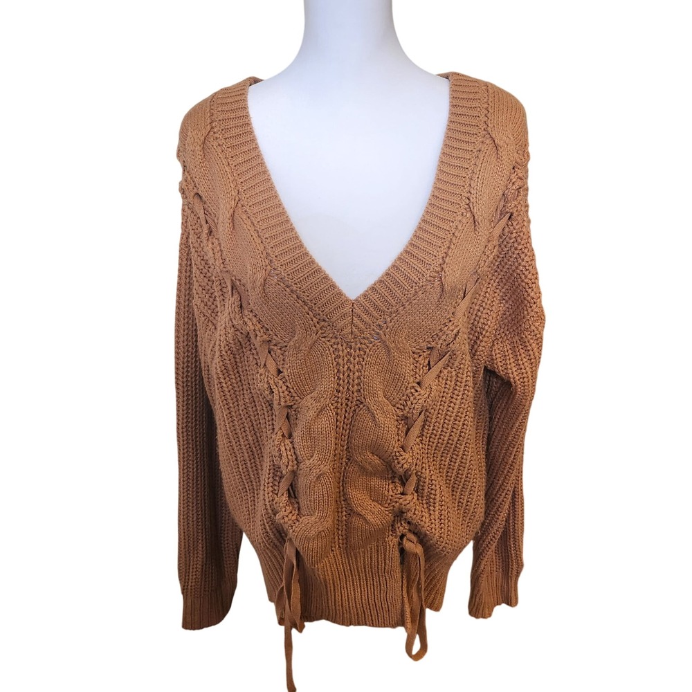 UNiQ Tan Brown V-Neck Cable Knit‎ Sweater Drawstring Detail Women's M/L